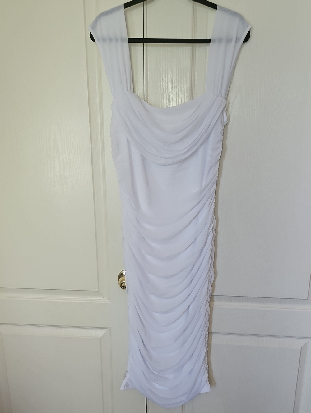 White Ruched Sleeveless Midi Dress with Draped Cowl Neck
